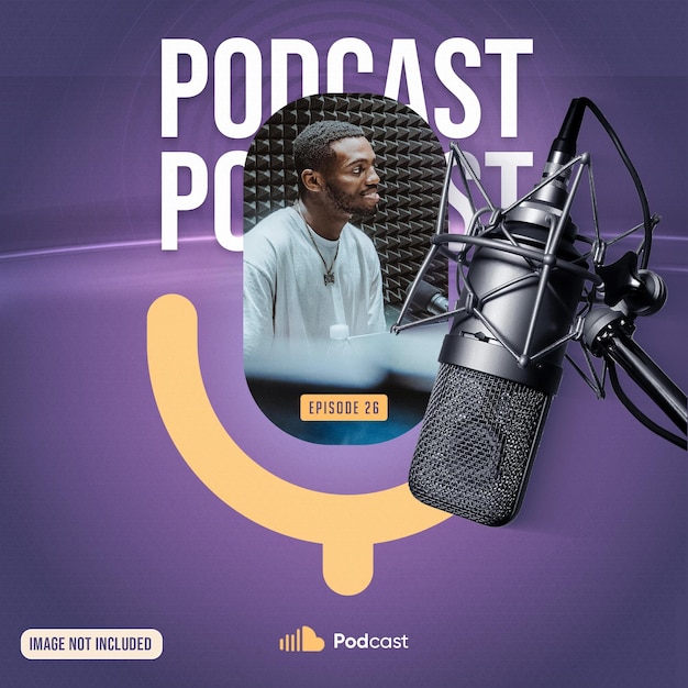 a purple poster with a man in a microphone in front of it