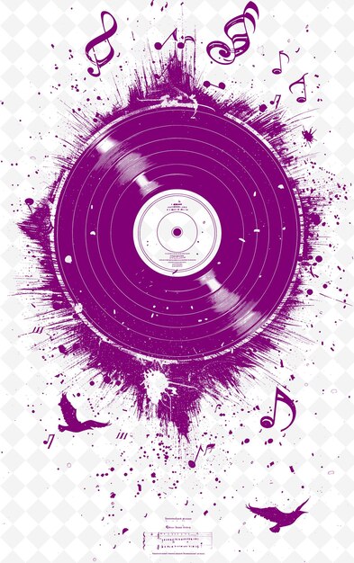 A purple poster with a purple background with a purple record and a bird flying in the background