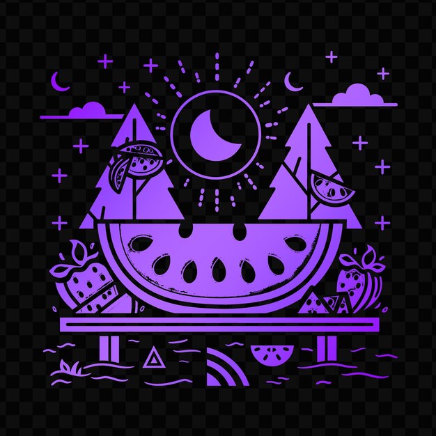 A purple and purple moon and a cat on a black background