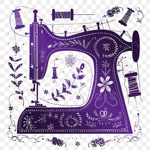 A purple and purple poster with a picture of a sewing machine and a picture of a crocheted object