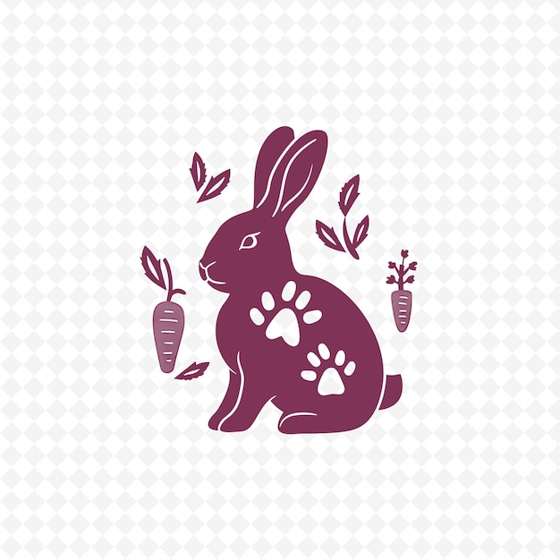 Un coniglio viola con fiori e una pentola di impronte di zampa su di esso