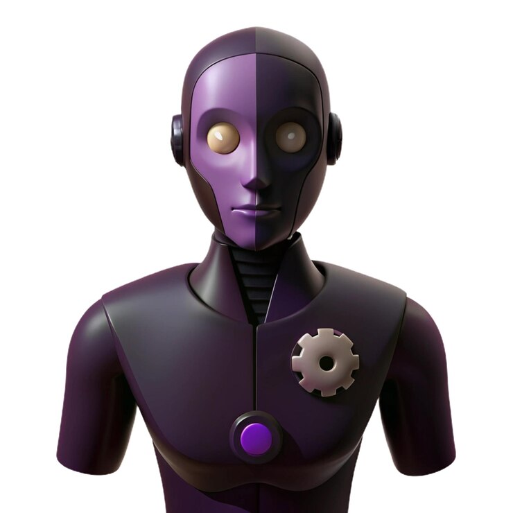 PSD a purple robot with a purple body and a black suit with a purple and black arm that says robot on it