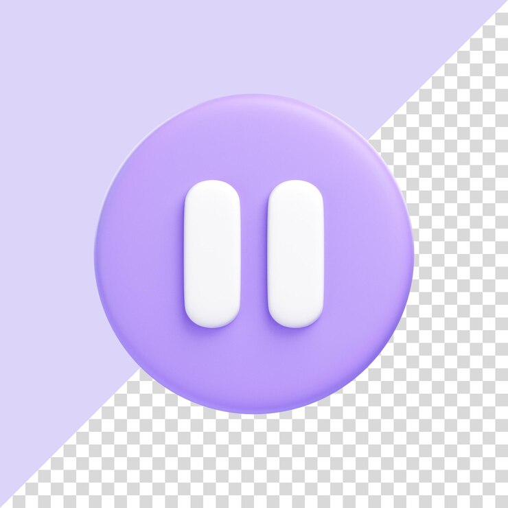 PSD purple round pause button isolated on purple background 3d icon sign and symbol 3d illustration