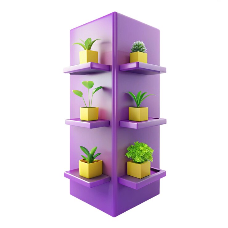 PSD a purple shelf with plants and a green pot with a plant inside