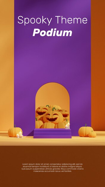 Purple steps podium in portrait jack o' lantern and pumpkins 3d render image empty space