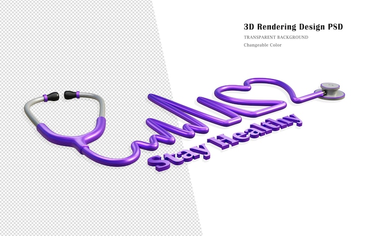 PSD purple stethoscope isolated heart shape with stay healthy message 3d rendering.