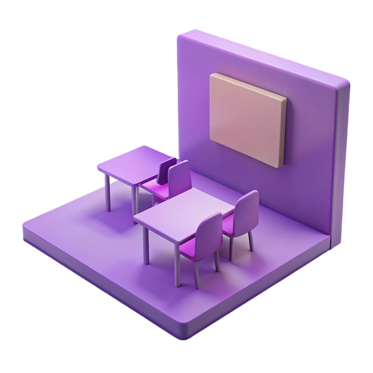 PSD a purple table and chairs with a table and a sign that says quot lunch quot