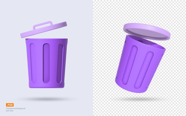 A purple trash can with a lid and a handle.