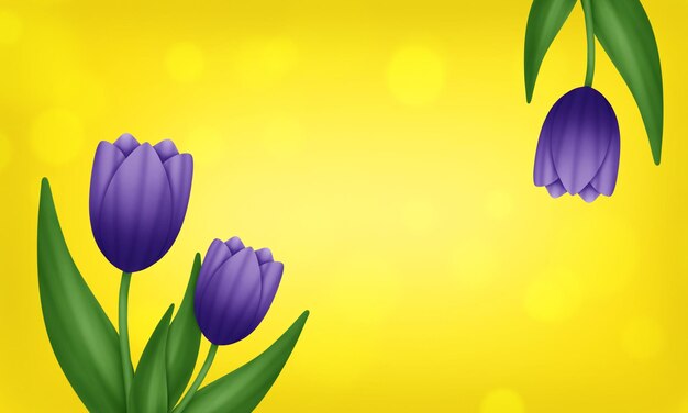 Purple tulip flowers on yellow background with copy space