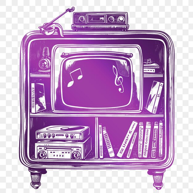 A purple tv with a purple screen and a purple case with music and other electronic devices