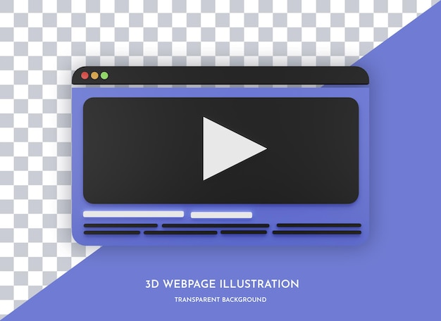紫のビデオプレーヤーのウェブページの3Dスタイルのイラスト