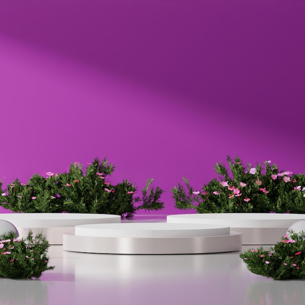 紫の壁に紫の背景のプランター、白いテーブルと紫の背景の白いテーブル。