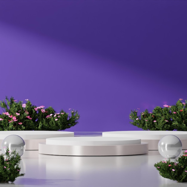 A purple wall with a white table and three white planters with a purple background.