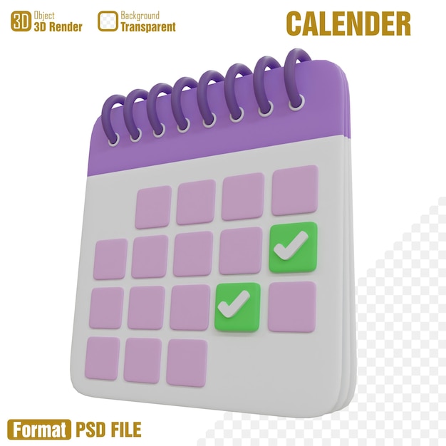 PSD a purple and white calendar with green check marks on the top.