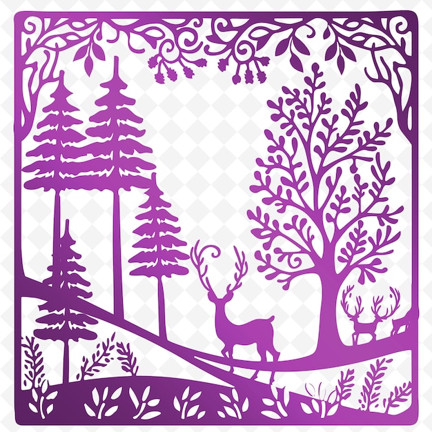 Una carta viola e bianca con un cervo e degli alberi