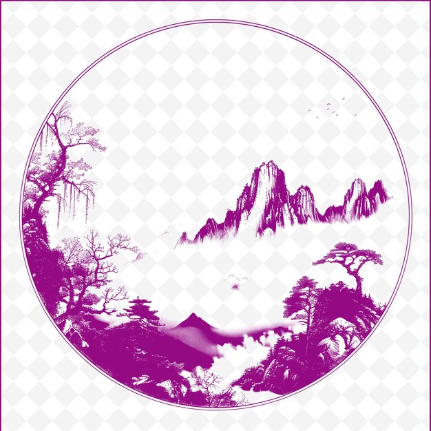 PSD a purple and white circle with a mountain and trees