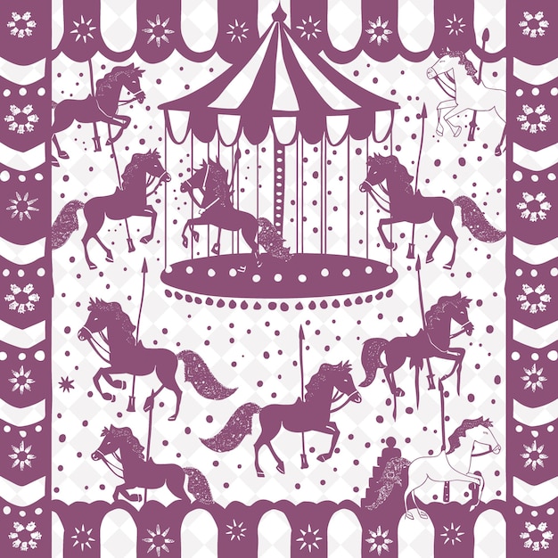 PSD a purple and white drawing of a circus tent with horses and a carousel