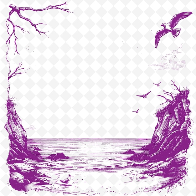 PSD a purple and white picture of a beach with birds flying over it