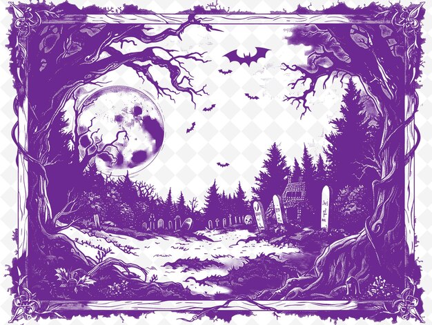PSD un'immagine viola e bianca di una foresta con una luna e pipistrelli che volano nel cielo