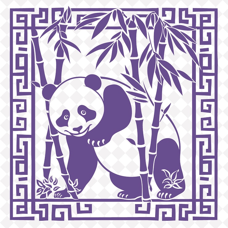 PSD a purple and white picture of a panda with bamboo in the corner