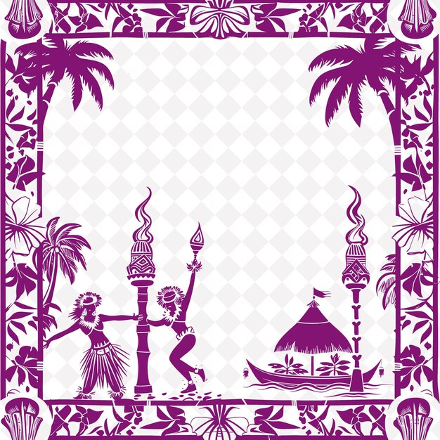 PSD a purple and white picture of two statues with palm trees