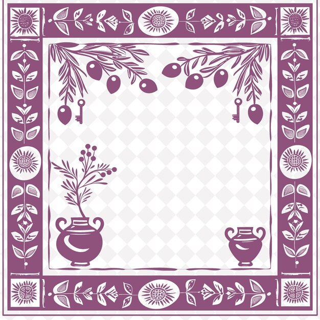 A purple and white picture of a vase and a vase with fruit on it