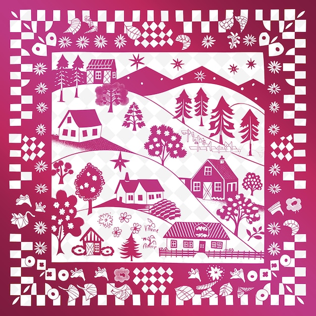 PSD a purple and white quilt with a house and trees in the background