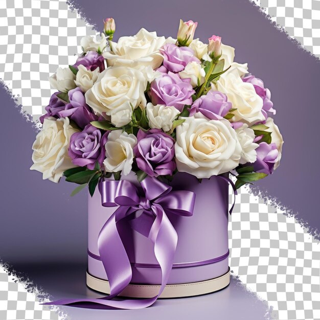 Purple and white roses in a purple gift box for a wedding gift viewed from the side against a transparent background