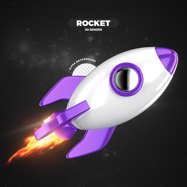 PSD purple and white space rocket flying 3d render isolated