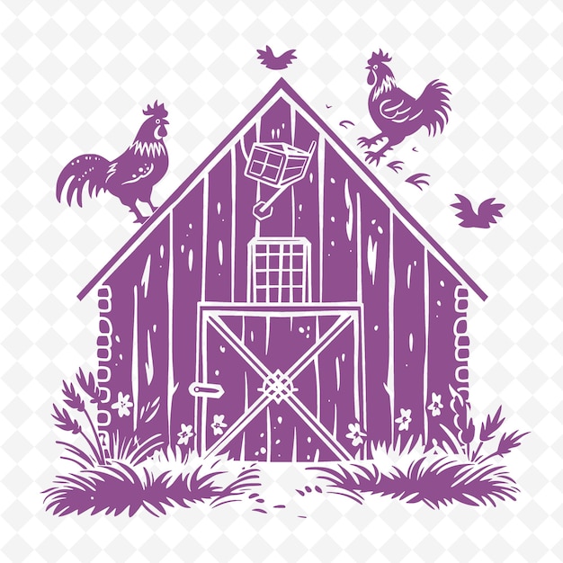 PSD a purple wooden house with chickens on the front