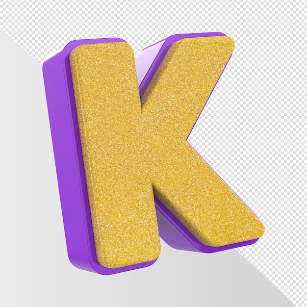 PSD una lettera k glitter viola e gialla con una lettera k d'oro al centro.