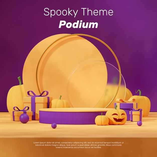 Purple and yellow podium in square gift box and jack o' lantern 3d render image mockup template