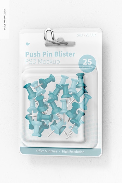 push pin blister mockup, hanging on wall