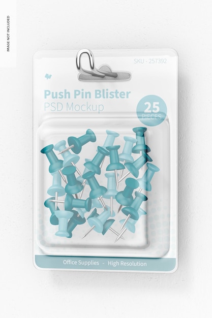 PSD push pin blister mockup, hanging on wall