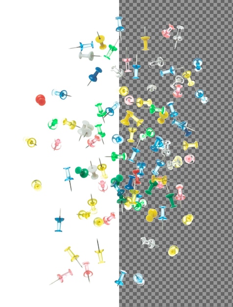 Pushpins in verschillende kleuren vliegen drijvend in de lucht veel groepskleurige pinnen vallen als kantoor school stationair abstract pushpin explodeert unbox witte achtergrond geïsoleerde hoge snelheid sluiter bevriezen beweging