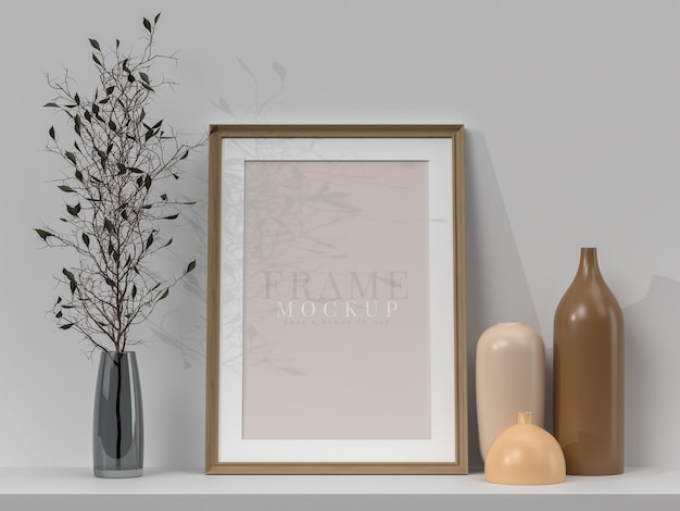 Pusta ramka na zdjęcia do grafiki artystycznej z szablonem makiety plakatu z liśćmi w renderowaniu 3D wnętrza domu