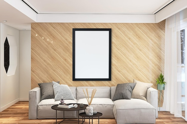Pusta ramka na zdjęcia w nowoczesnym stylu salonu z kanapą stolik kawowy 3d render
