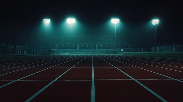 PSD puste tory biegające w nocy pod jasnymi światłami stadionu mgła