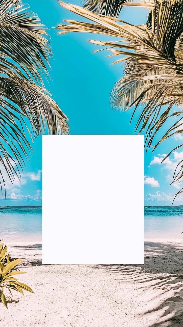PSD pusty biały poster kwadratowy na tropikalnej plaży z palmami i niebieskim niebem