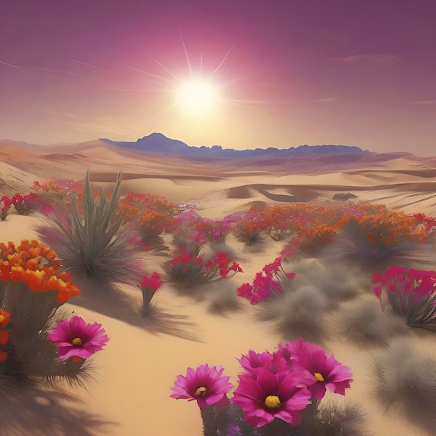 PSD pustynia pod słońcem z kolorowymi pustynnymi kwiatami aigenerated