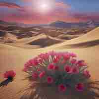 PSD pustynia pod słońcem z kolorowymi pustynnymi kwiatami aigenerated