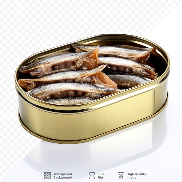 PSD puszka ryb jest otwarta i ma złotą puszkę z napisem „suszona ryba”.