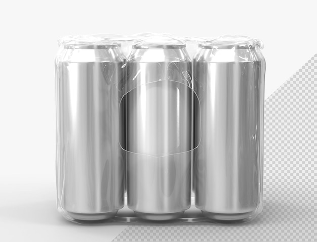 PSD puszki w plastikowym opakowaniu na piwo lub napoje gazowane widok z przodu realistyczna makieta metalowych słoików w przezroczystym opakowaniu aluminiowe kanistry srebrne butelki po napojach na białym tle