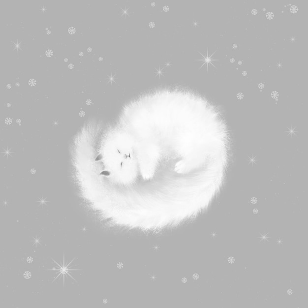 PSD puszysty ładny biały kot śpi na szarym tle z płatkami śniegu