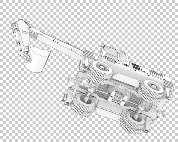 Pyöräkaivinkone läpinäkyvällä taustalla 3d-renderöitynä kuvituksena