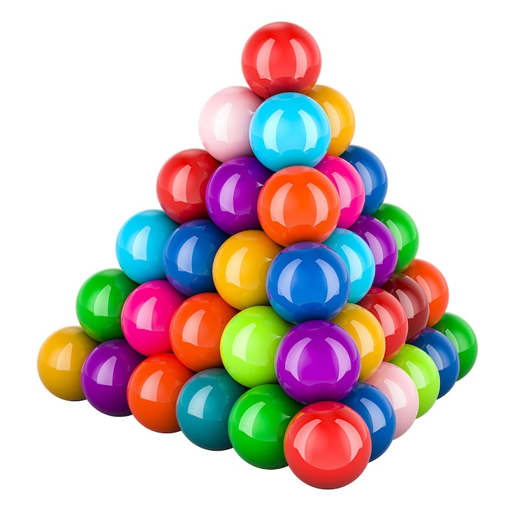 PSD pyramid from colored balls 3d rendering isolated on transparent background