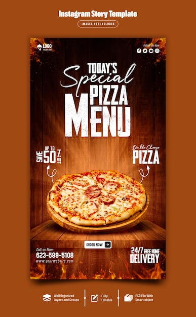 PSD pyszna pizza i jedzenie menu szablon historii instagram premium psd