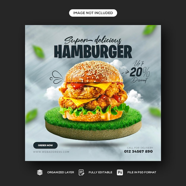 Pyszne burger i jedzenie menu szablon mediów społecznych banner