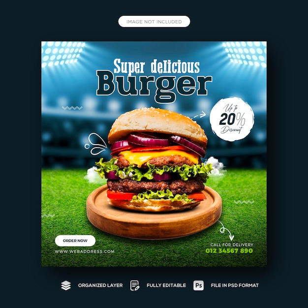 Pyszne burger i jedzenie menu szablon mediów społecznych banner