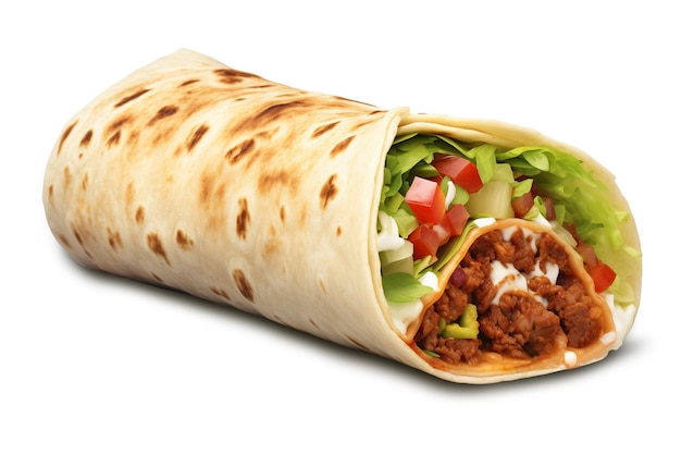 Pyszne Burrito Wypełnione Mielonym Mięsem I Warzywami Fast Food Na Białym Tle Izolowane